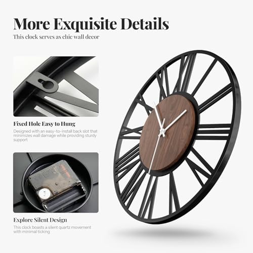 Cuspin 30 Inch Large Wall Clock Black Metal Frame with Walnut Wood Dial - Image 5