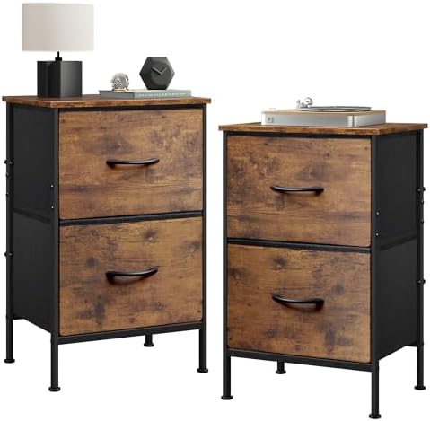 WLIVE Night Stand Set 2, Small Dresser with 2 Drawers & Wooden Top, Nightstand with Fabric Bins, Bedside Table End Table for Bedroom, Closet, Entryway, College Dorm, Rustic Brown by WLIVE