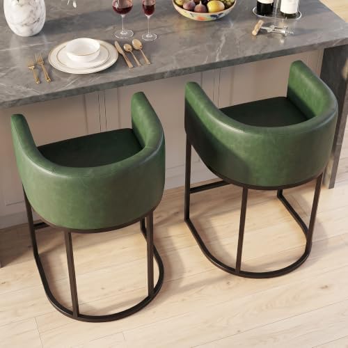 Counter Height Bar Stools Set of 2, Modern Counter Stools for Dining Room, 24 Inch Barstools for Kitchen Island, Faux Leather Bar Stool with Metal Legs and Back Footrest, Green by KRAMZMINGQualityHome