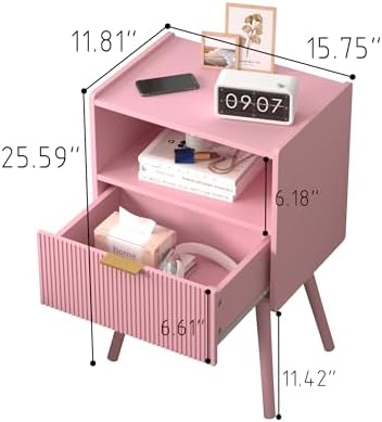 JOONEE Nightstand,Modern Bedside Table with Storage Drawer and Open Wood Shelf, for Living Room, Bedroom and Small Spaces, Accent Night Stand with Solid Wood Legs, Easy Assembly,Classic Pink - Image 2