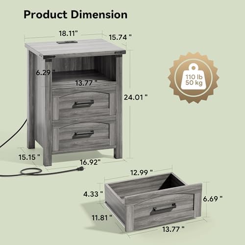 Decofy Farmhouse Nightstand Set of 2 with Charging Station, 2 Drawers - Image 2
