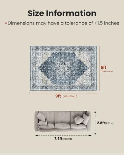 Amada 6x9 Washable Area Rug for Dining Room, Blue, Vintage Pattern - Image 2