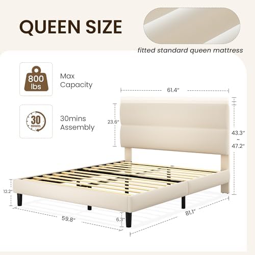 GRUSIGN Queen Size Platform Bed Frame with Velvet Headboard, Adjustable Height Wooden Slats Support, Upholstered Mattress Foundation, Fits Mattress or Mattress with Box Spring, Easy Assembly, Beige - Image 2