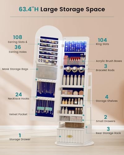 Vlsrka Arched LED Mirror Jewelry Cabinet with Full Length Mirror, White - Image 3