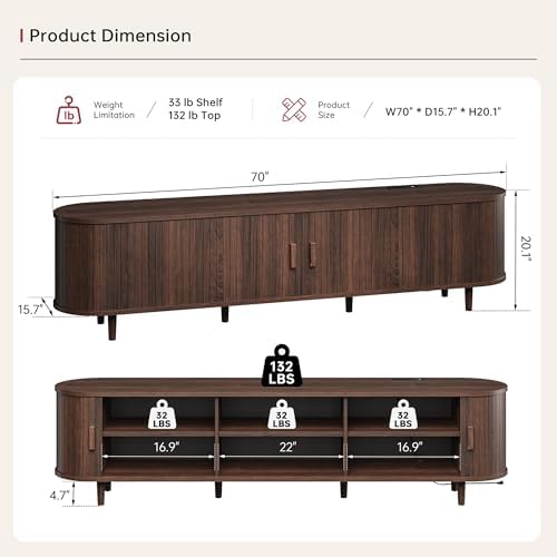 MXV 70" Mid-Century Modern TV Consoles with Sliding Doors, TV Stand with Power Outlet, Fluted Entertainment Center with Adjustable Shelves, for Living Room - Image 2