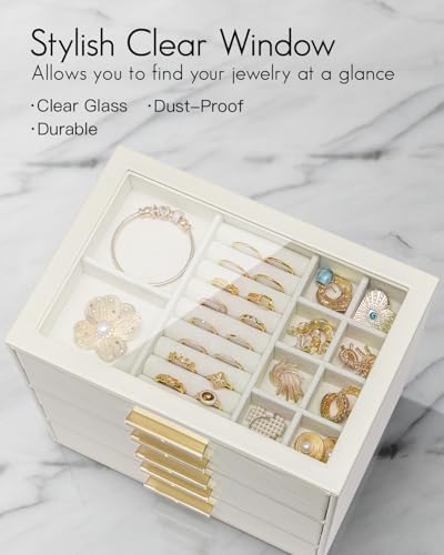 VLANDO 5 Layer Jewelry Box for Women, Glass Lid Jewelry Organizer with 5 Drawers for Necklaces Rings Earrings Bracelets - Cloud White - Image 5