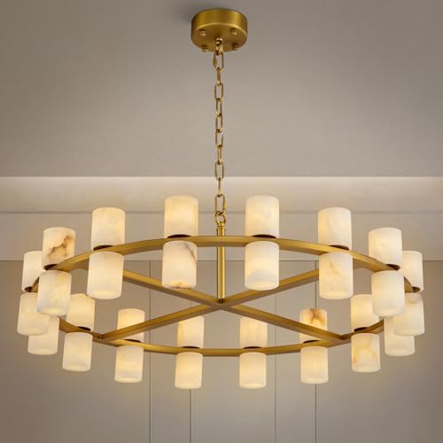 Alabaster Round Chandelier, Natural Spanish Stone Texture Chandeliers, D31in Round Chandeliers for Dining Room Chandelier Light Fixture for Kitchen Living Room Foyer Entryway Hallway (Brass) by Unknown