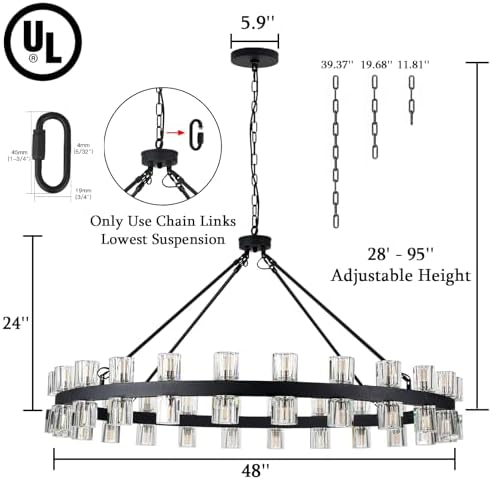48 Inch Black Wagon Wheel Chandelier with Crystal Shade, 48 Lights, Modern Farmhouse Style, Ideal for Dining Room, Kitchen, Entryways - Image 5