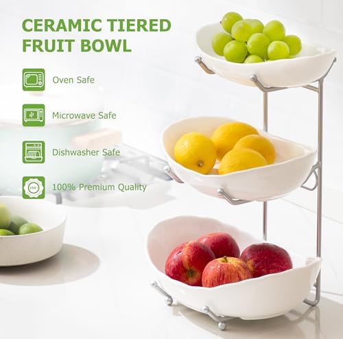 HBlife 3 Tier Fruit Bowl, Ceramic Fruit Basket for Kitchen Counter - Image 2