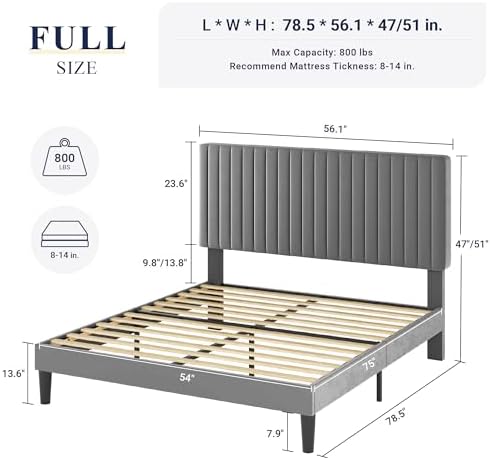 Allewie Full Bed Frame, Velvet Upholstered Platform Bed with Adjustable Vertical Channel Tufted Headboard, Mattress Foundation with Strong Wooden Slats, Box Spring Optional, Easy Assembly, Grey - Image 2