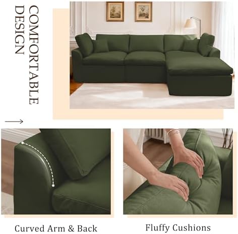 Korser 110" Cloud Sectional Couches for Living Room, Modern Modular Sectional Sofa with Ottoman, Boneless Cloud Couch with Comfy Deep Seats, Fluffy Chenille L-Shape Sofa Couch for Living Room, Green - Image 5