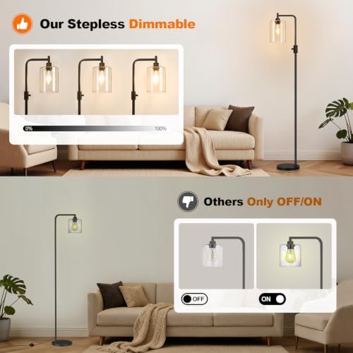 【Upgraded】 Dimmable Floor Lamp for Living Room with Seeded Glass Lampshade, Black Modern Glass Floor Lamp with 900LM LED Bulb Included, Arc Standing Tall Lamp for Bedroom, Office, Reading Room, Corner - Image 3