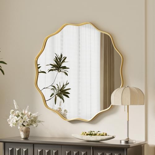 VooBang Gold Scalloped Circle Mirror, 20" Wavy Edge Round Wall Mirror by VooBang