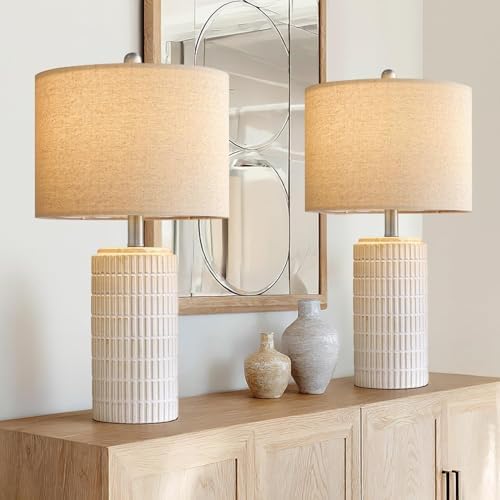PoKat 24" Modern Ceramic Table Lamps Set of 2 for Bedroom, White Bedside Lamps for Night Stands, Farmhouse Desk Decor Nightstand Table Lamps for Living Room End Table Beige by Pokat