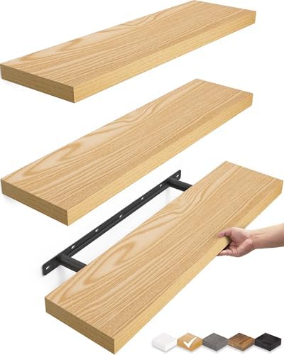 BAYKA Floating Shelves for Wall, 22.5 inches Wall Mounted Rustic Wood Shelves for Bathroom, Bedroom, Living Room, Floating Shelves for Books/Storage/Decor (Oak-Toned,Set of 3) by Bayka