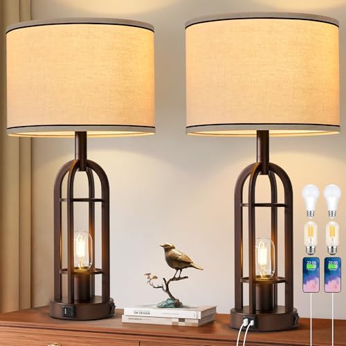 SRJJA 24" Farmhouse Table Lamps for Living Room Bedroom Set of 2, USB A+C by SRJJA