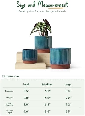 LE TAUCI Ceramic Plant Pots with Drainage Holes, Set of 3, 8+6.7+5.5 Inch Stripe Garden Planter Pots for Outdoor Indoor Plants Flower, Round Succulent Orchid Flower Pot, Reactive Glaze Green - Image 5