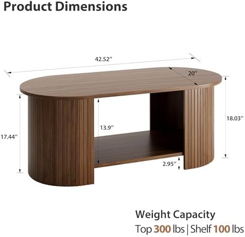 42" Oval Fluted Coffee Table, 2-Tier Center Table with Large Storage, Mid-Century Modern Wood Coffee Table for Living Room, Home Office, Small Space, Walnut - Image 2