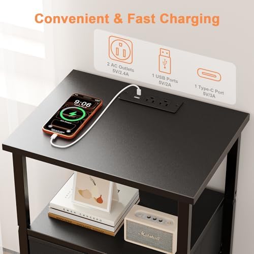 Nightstand with Charging Station, Bedside End Table with 2 Fabric Drawers for Bedroom, Side Table with USB Ports and Outlets (Black) - Image 3