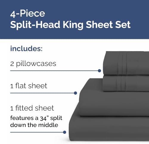 Flex Top Split Head King 4 Piece Sheet Set - Soft & Breathable - Charcoal - Image 3