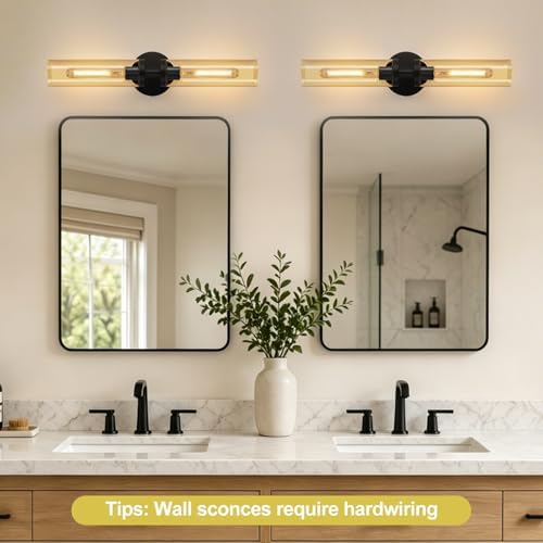 Indoi Wall Sconces Set of Two, Hardwired Matte Black Bathroom Sconces Wall Lights with Amber Glass, Modern Sconces Wall Decor Set of 2 Vanity Light fixtures for Bathroom Mirror Bedroom - Image 5