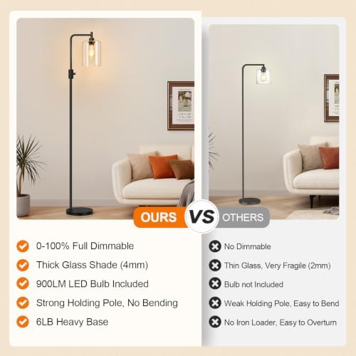 【Upgraded】 Dimmable Floor Lamp for Living Room with Seeded Glass Lampshade, Black Modern Glass Floor Lamp with 900LM LED Bulb Included, Arc Standing Tall Lamp for Bedroom, Office, Reading Room, Corner - Image 2
