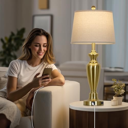 Cinyirong 30" Tall Gold Table Lamps Set of 2, Touch Control Bedside Lamp with USB A+C Ports and AC Outlet, 3-Way Dimmable Modern Metal Nightstand Lamp for Bedroom Living Room, 2 LED Bulbs Included - Image 5