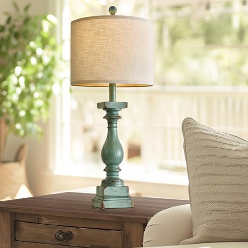 BOBOMOMO 27" Farmhouse Table Lamp Set of 2 with USB A+C for Bedroom Living Room Vintage Rustic Traditional Nightstand Bedside Lamps Retro Side Table Lamps (Green) - Image 3