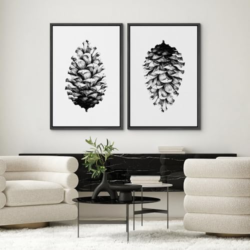 SIGNWIN Framed Canvas Print Wall Art Set Black & White Forest Woodland Pinecone Nature Wilderness Illustrations Modern Art Relax/Calm for Living Room, Bedroom, Office - 24"" x36 x2 Black - Image 2