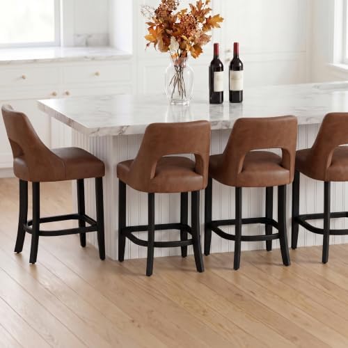 UVV Bar Stools Set of 4, Modern Upholstered Counter Height Bar Stools, Faux Leather Counter Stools BarStools with Wood Legs for Kitchen Island Dining Room Bar, Brown - Image 3