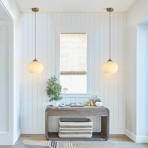 KCO Mid Century Modern Gold 7.9” Ribbed White Glass Pendant Light Set of 2 - Image 6