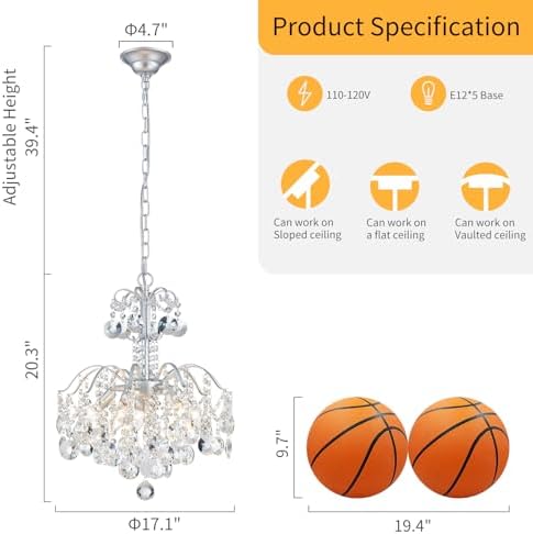 WUZUPS 5-Light Crystal Chandelier Pendant Ceiling Light Modern Lighting Fixture for Bedroom Hallway Bar Kitchen Bathroom, H 20.3" W17.1, E12 Base, Silver - Image 2