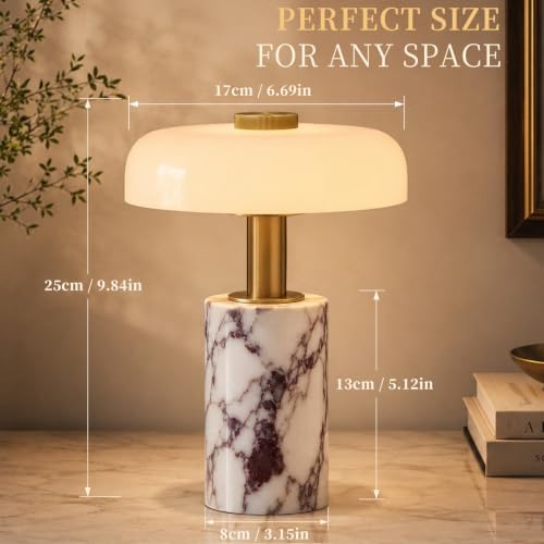 Marble Lamp,Cordless Table Lamp with Glass Shade,Rechargeable Touch Dimming - Image 6