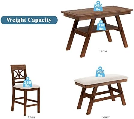 Heavy Solid Wood 6-Piece Counter Height Dining Table Set, Farmhouse Rustic Kitchen Dining Room Table Set with Padded 4 Chairs and Bench, 60 In Triangular Table with Storage Shelf (Walnut-T) - Image 6
