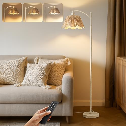Oneach Rattan Floor Lamp for Living Room with 3 Color Temperatures, Boho Floor Lamp for Bedroom with Remote & Dimmable Bulb, Farmhouse Standing Lamp for Reading, Antique White by Oneach