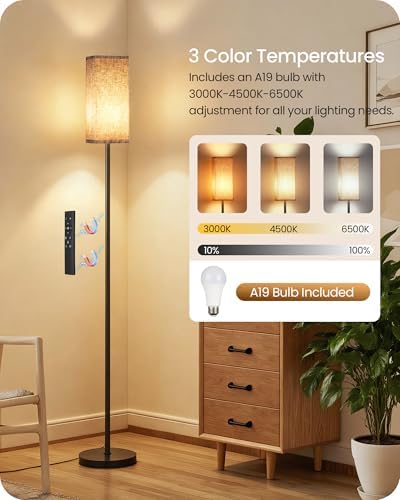 64.2” Dimmable Floor Lamp for Living Room with Remote and Foot Switch, Corner Floor Lamp for Bedroom, Includes 10W A19 Bulb, Modern Standing Tall Lamp, ETL Listed Beige and Black E17LD05 - Image 3