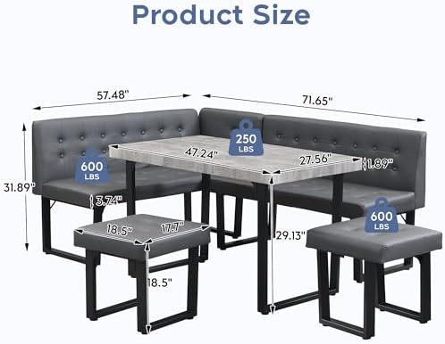 XIAO WEI Corner Dining Table Set for Small Spaces, 72 Inch Breakfast Nook with Storage Banquette, 5 Piece Dining Set with Upholstered Bench, Modern Grey - Image 2