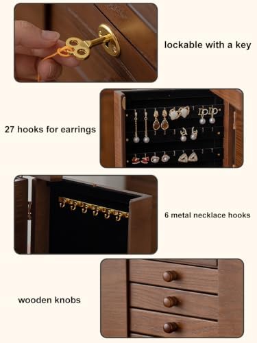 Changsuo Wooden Jewelry Box for Women, Organizer Box of Solid Wood with Lock and Key for Jewelries, Watches, Necklace, Ring, Lockable Storage Case (Rustic Brown) - Image 4
