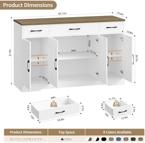 HOSTACK Kitchen Buffet Sideboard Storage Cabinet, Coffee Bar Cabinet, White - Image 3