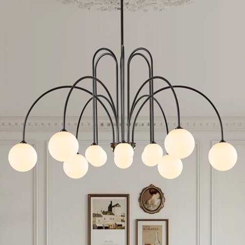 CATINER Modern 52" 12-Light Black Sputnik Chandelier with Milk Glass Globe by CATINER