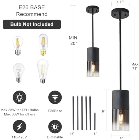 Pendant Light Fixtures, Adjustable Modern Pendant Lights for Kitchen Island, Industrial Glass Pendant Lights for Dining Table Hallway Bedroom Living Room Black 2 Packs - Image 3