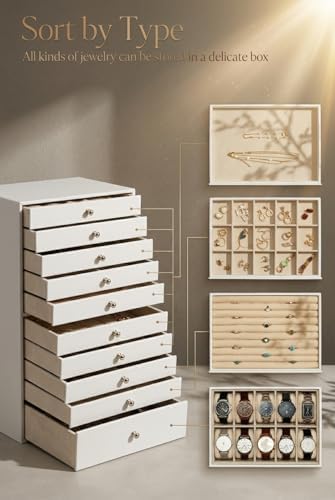 GUKA Large Jewelry Box, Jewelry Case with 10 Drawers for Big and Small Jewelry, Jewelry Storage Organizer for Watch Earrings Necklace Rings Bracelets, Birthday Wedding Gifts, White - Image 5