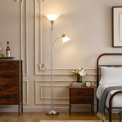 Torchiere Silver Floor Lamp with Adjustable Angle Reading Lamp-71IN - Image 5