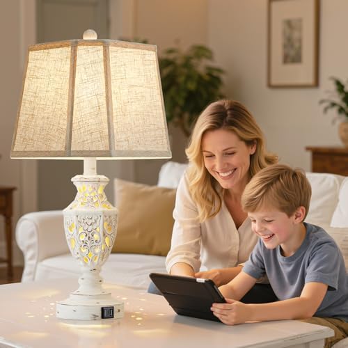 EJIAXIN Lamps for Night Stands Set of 2-23.5" Boho Bedside Lamp with USB A+C and Nightlight - Cream Rustic Carved Resin Farmhouse Table Lamp for Bedrooms, End Tables, Living Room, Bulbs Included - Image 5
