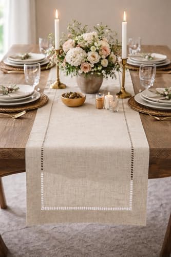 Fennco Styles Toscana Contemporary Hemstitched Linen Blend 16 x 72 Inch Table Runner for Dinner Table, Picnic Table, Parties, Wedding Decorations, Natural by FenncoStyles