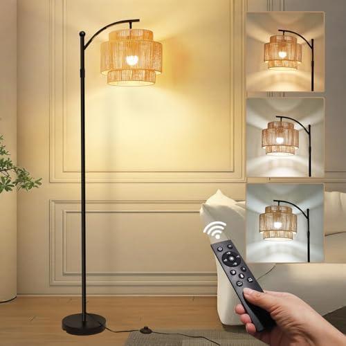 Vinaco Rattan Boho Floor Lamp, 3 Color Temperatures Remote & Foot Switch by LightingMadeSimple