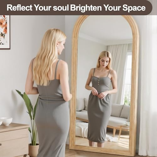 Delma Arched Full Length Mirror with Stand, 75x35 Natural Wood Floor Mirror - Image 2