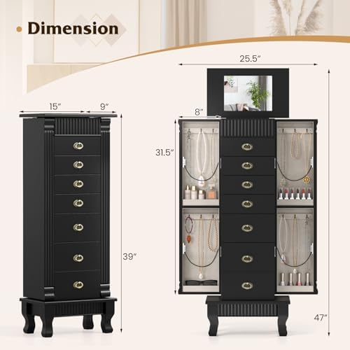 DREAMADE Jewelry Armoire, Standing Jewelry Box w/Mirror & 7 Drawers, Black - Image 5