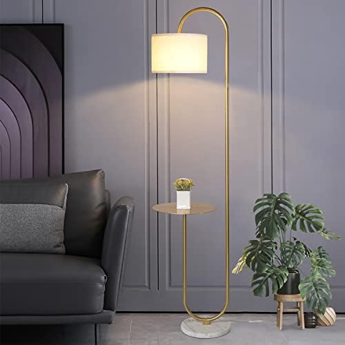 Hsyile KU300271 Arc Floor Lamp with Hanging Drum Shade for Living Room-Marble Base Modern Tall Stand Up Light with Table, Contemporary Over The Couch Gold Lamp Standing Lamps for Bedroom Office - Image 2