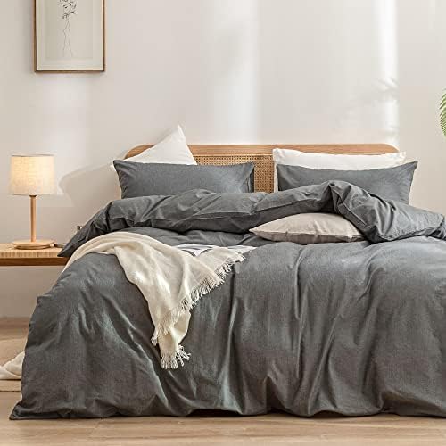 BESTOUCH Cotton Solid Duvet Cover Set Linen Feel Dark Grey Super King by BESTOUCH